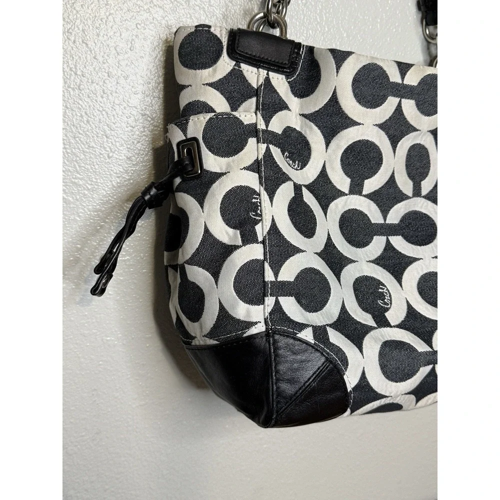 Coach Signature Op Art Draw String Sides Hobo Handbag Black‎ White 14573
